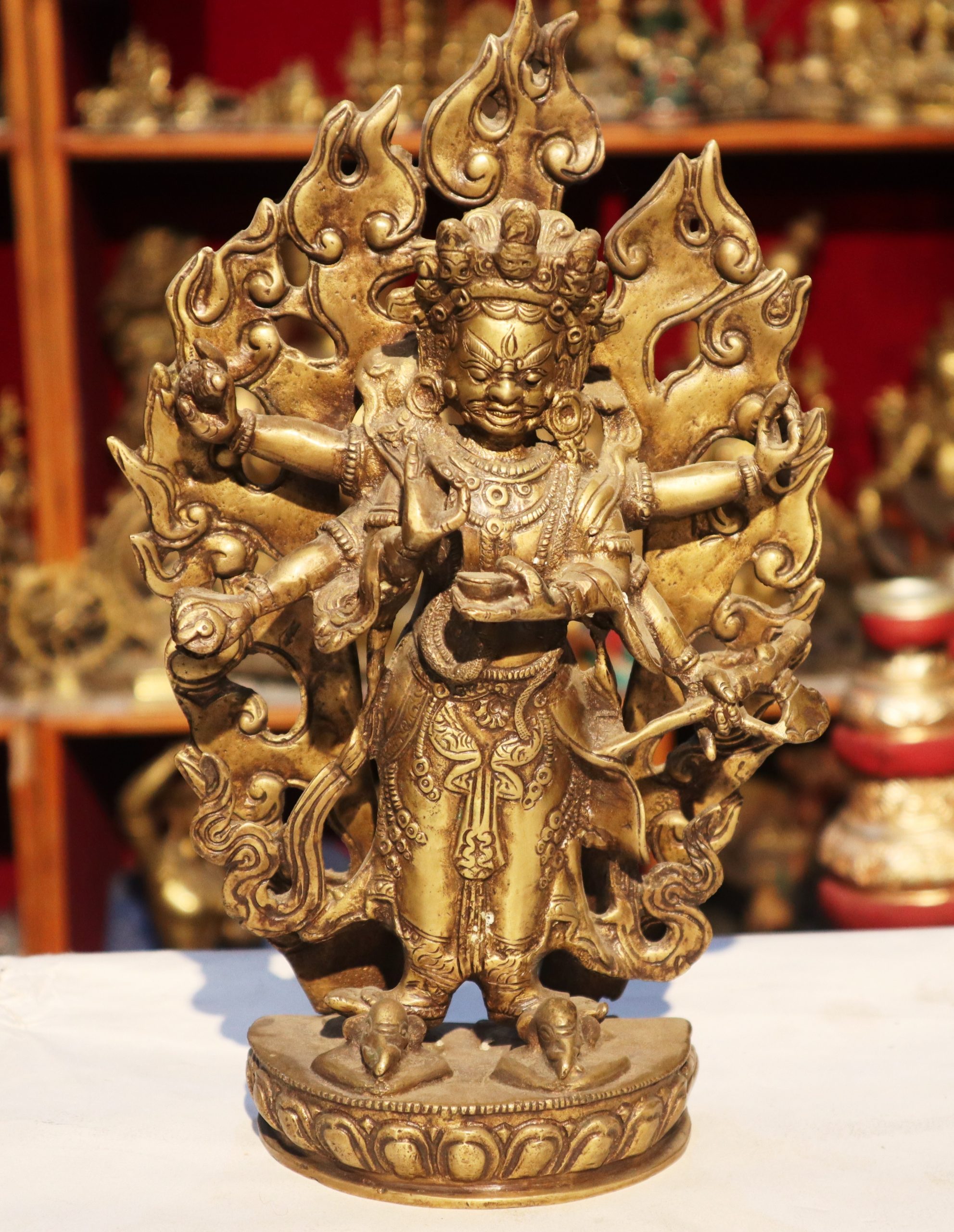 8.27 inch Tibetan Buddhist Brass carved Four arm Mahakala Buddha Statue 